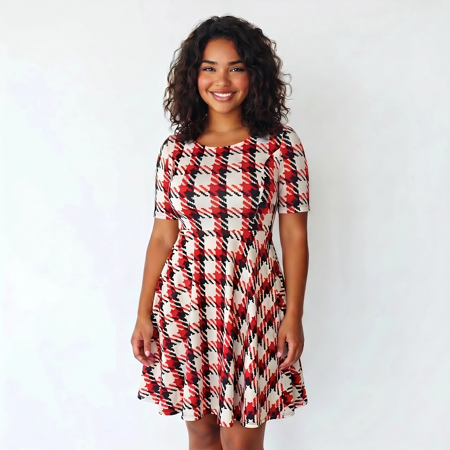 Paw Drazzel Boutique Women's Casualwear, Round Neck, Back Zipper, Short Sleeve, Straight Waist, Houndstooth, Trapeze Dress
