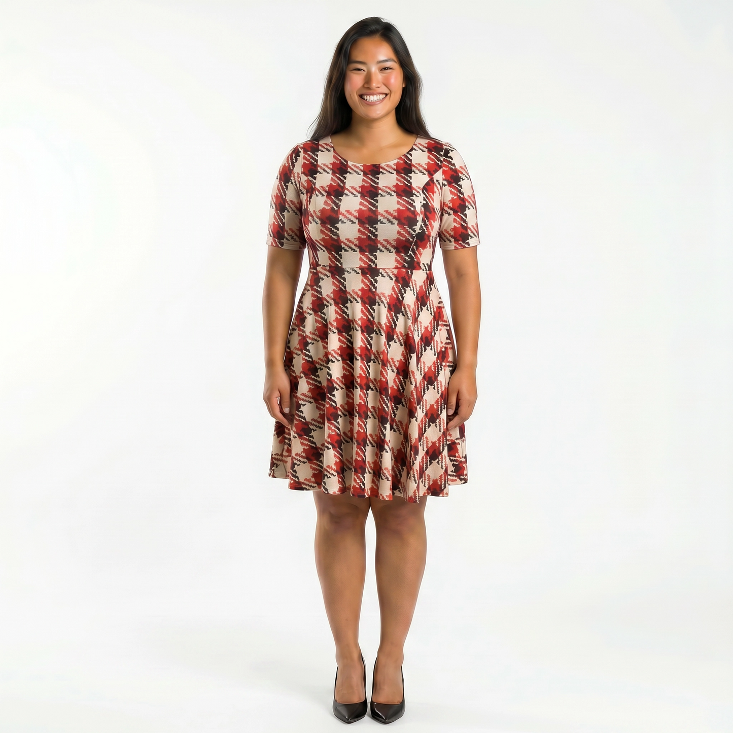 Paw Drazzel Boutique Women's Casualwear, Round Neck, Back Zipper, Short Sleeve, Straight Waist, Houndstooth, Trapeze Dress