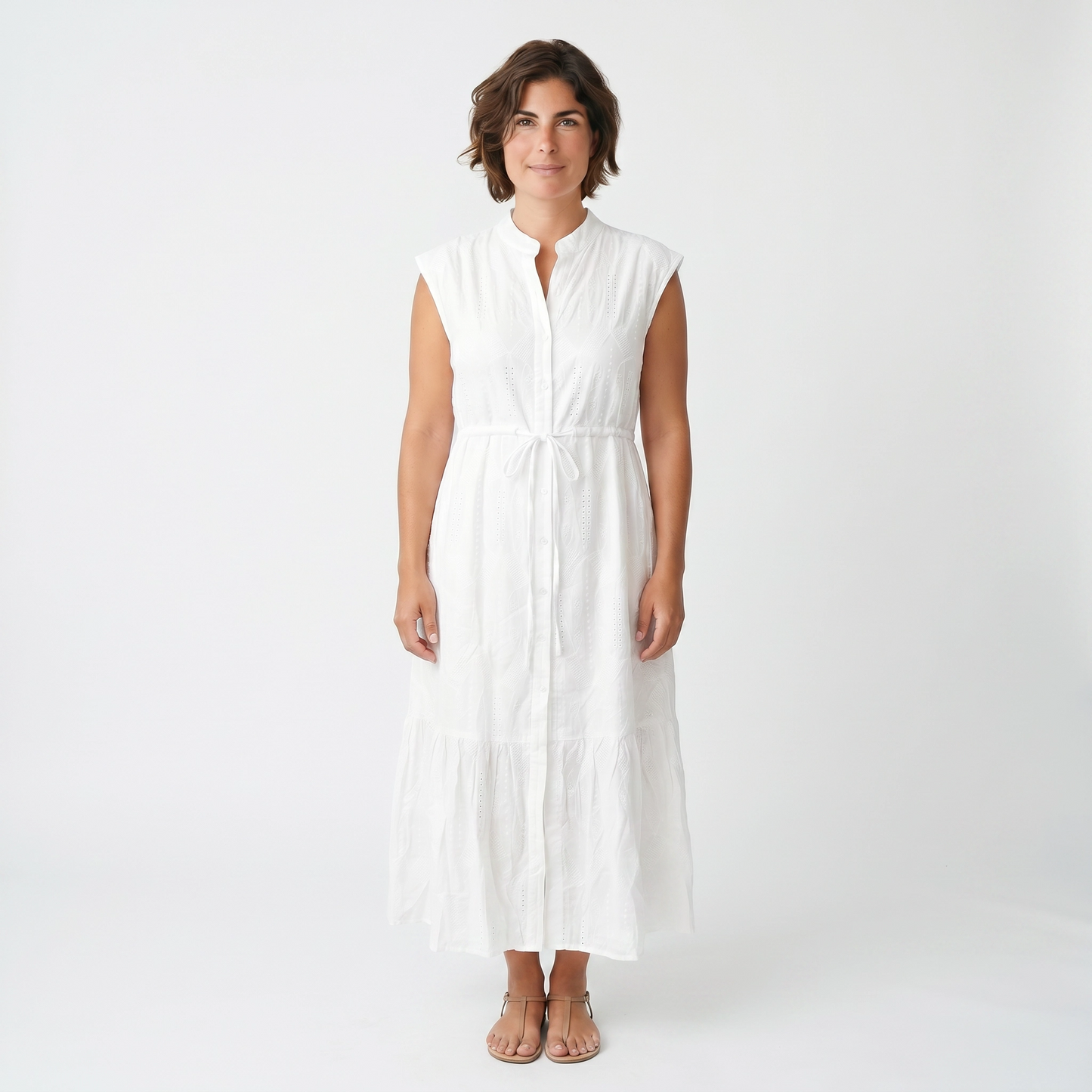 Paw Drazzel Boutique Women's Casualwear, Round Neck, Button Up, Sleeveless, Tie Down Waist, Loom Maxi Dress