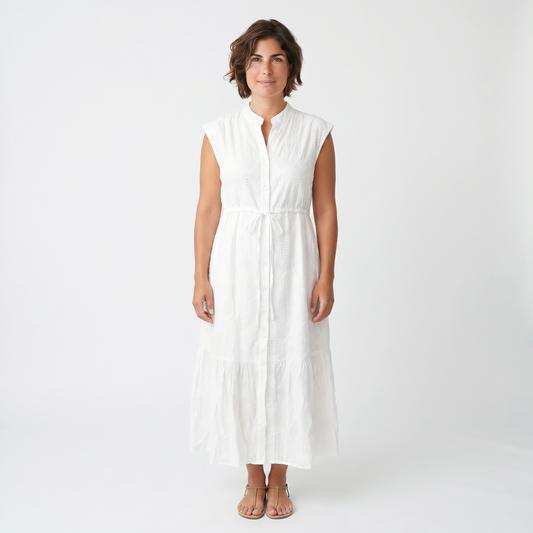 Paw Drazzel Boutique Women's Casualwear, Round Neck, Button Up, Sleeveless, Tie Down Waist, Loom Maxi Dress