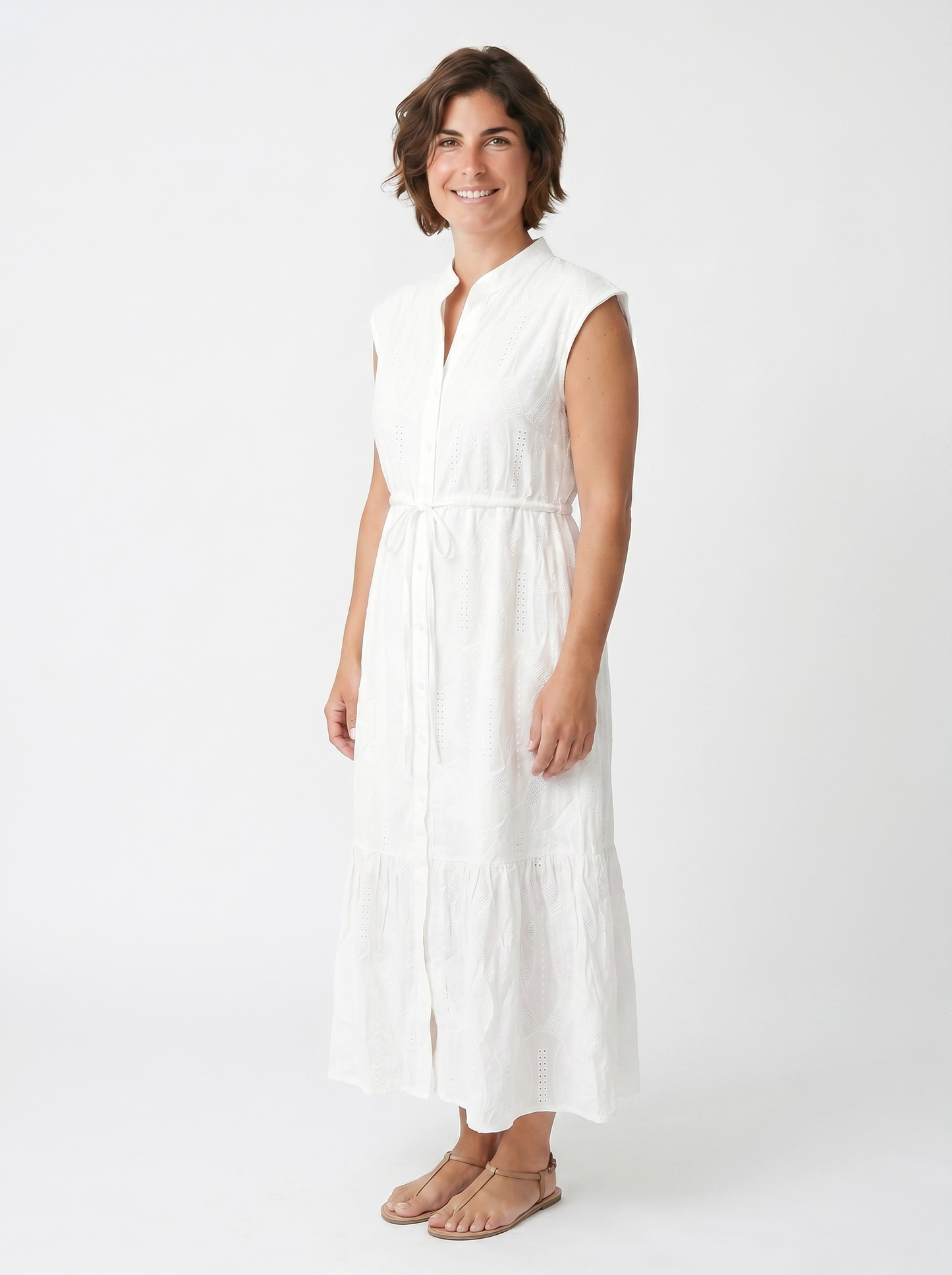 Paw Drazzel Boutique Women's Casualwear, Round Neck, Button Up, Sleeveless, Tie Down Waist, Loom Maxi Dress