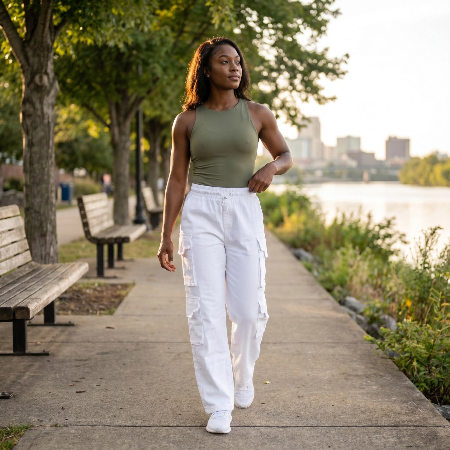 Paw Drazzel Boutique Women's High-Waisted, Straight-leg, Smooth Front Panel, Double Side Pockets, Cargo Pants