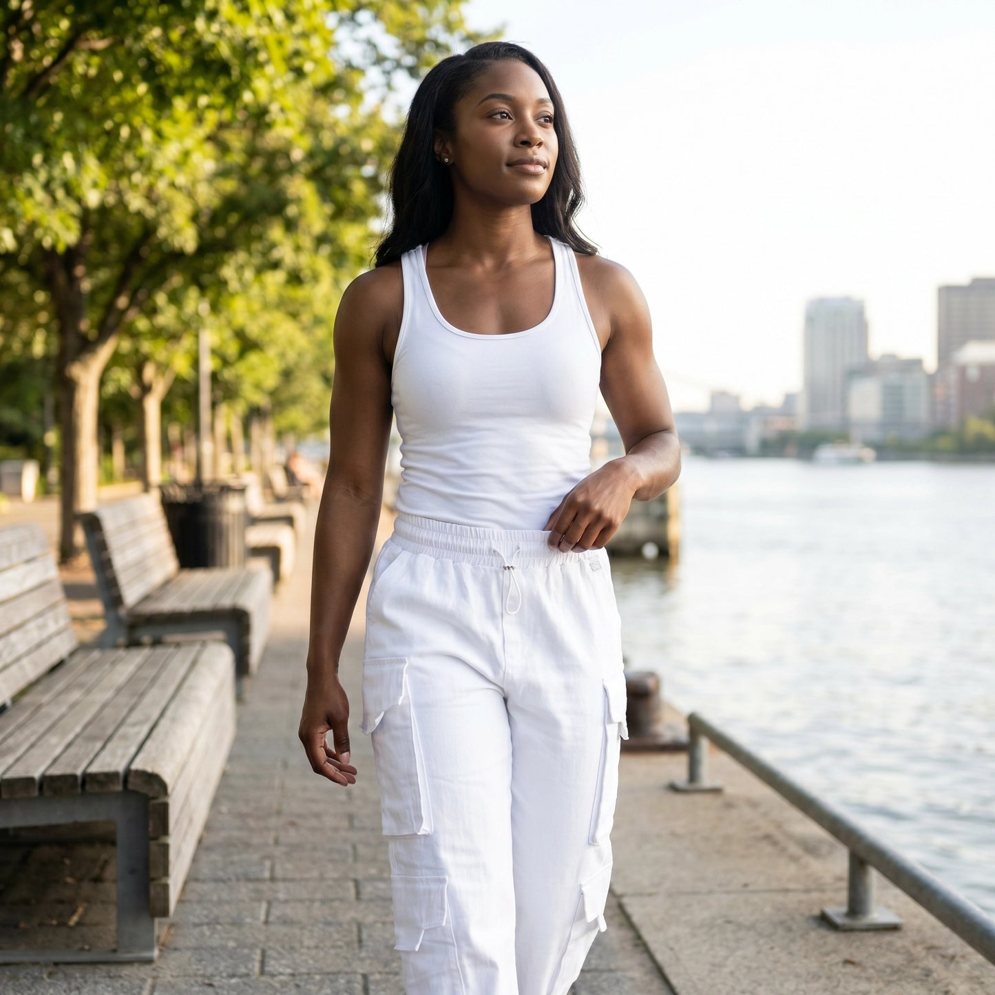 Paw Drazzel Boutique Women's High-Waisted, Straight-leg, Smooth Front Panel, Double Side Pockets, Cargo Pants