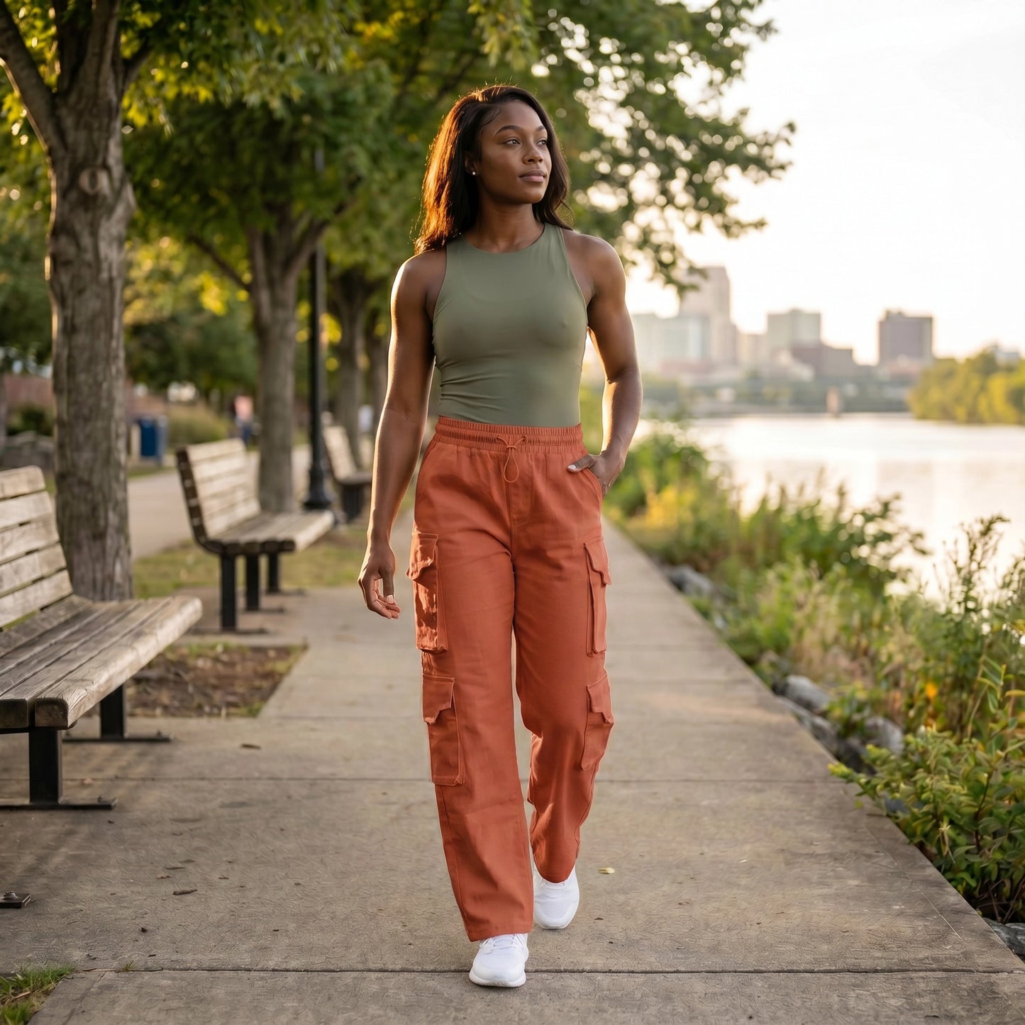 Paw Drazzel Boutique Women's High-Waisted, Straight-leg, Smooth Front Panel, Double Side Pockets, Cargo Pants