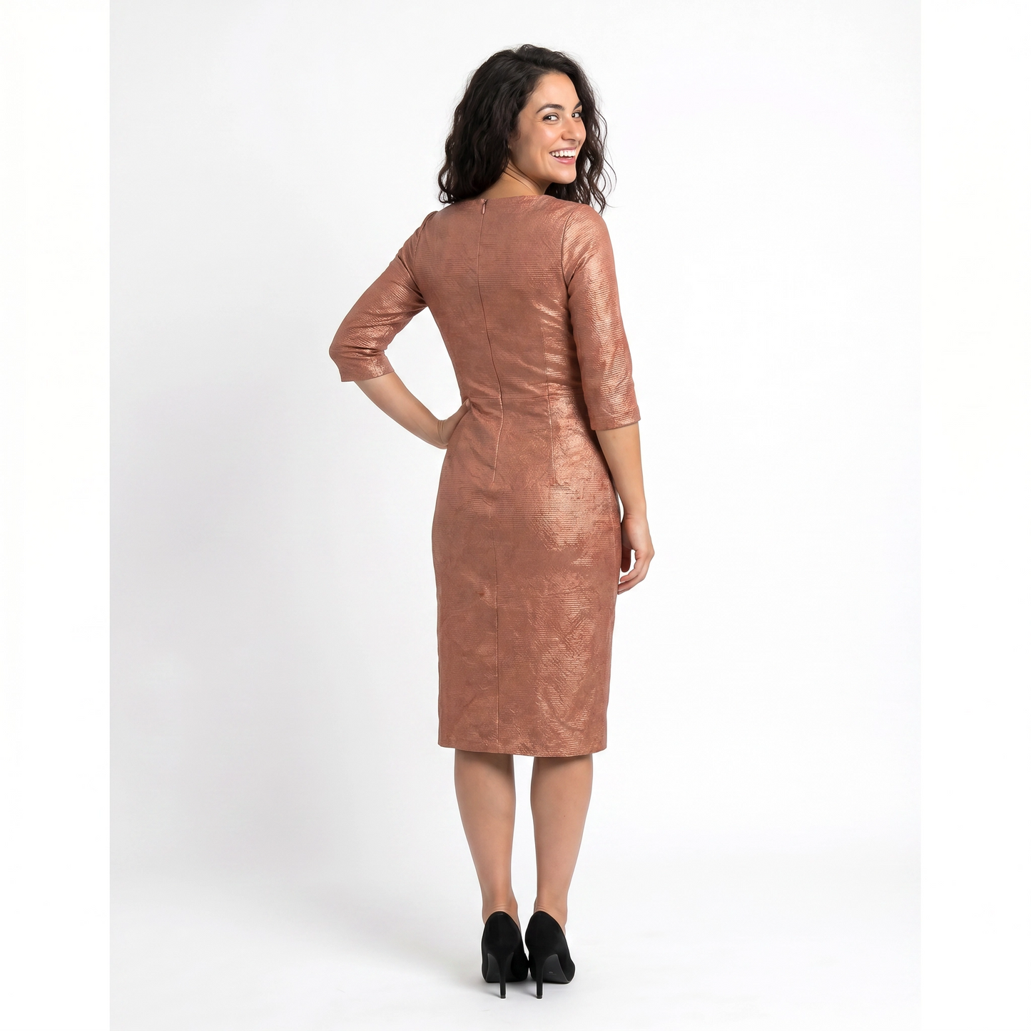Paw Drazzel Boutique Women's Casualwear, Round Neck, Back Zipper, Three Quarter Sleeve, Straight Waist, Trapeze Day Dress