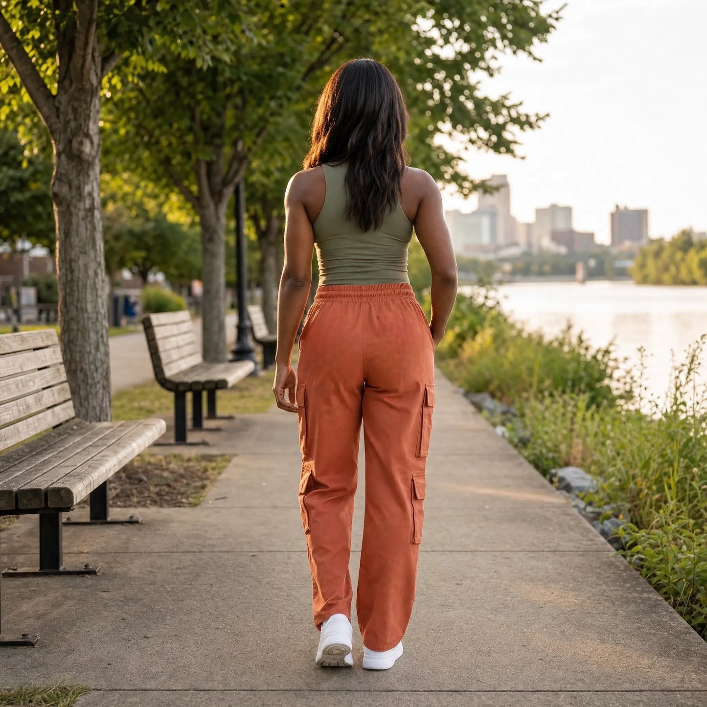 Paw Drazzel Boutique Women's High-Waisted, Straight-leg, Smooth Front Panel, Double Side Pockets, Cargo Pants