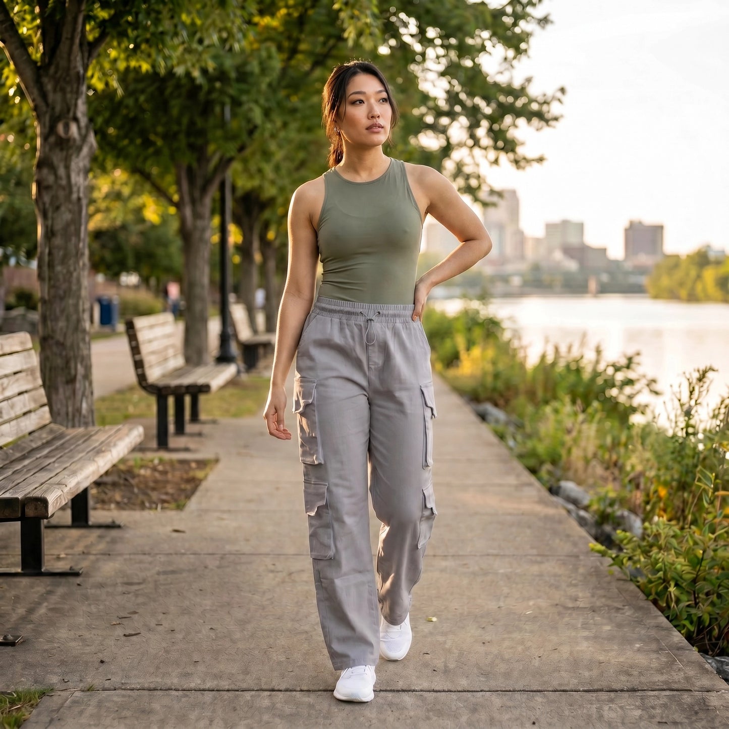 Paw Drazzel Boutique Women's High-Waisted, Straight-leg, Smooth Front Panel, Double Side Pockets, Cargo Pants