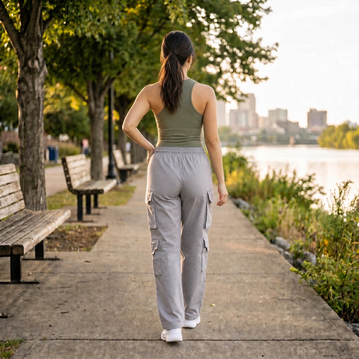 Paw Drazzel Boutique Women's High-Waisted, Straight-leg, Smooth Front Panel, Double Side Pockets, Cargo Pants