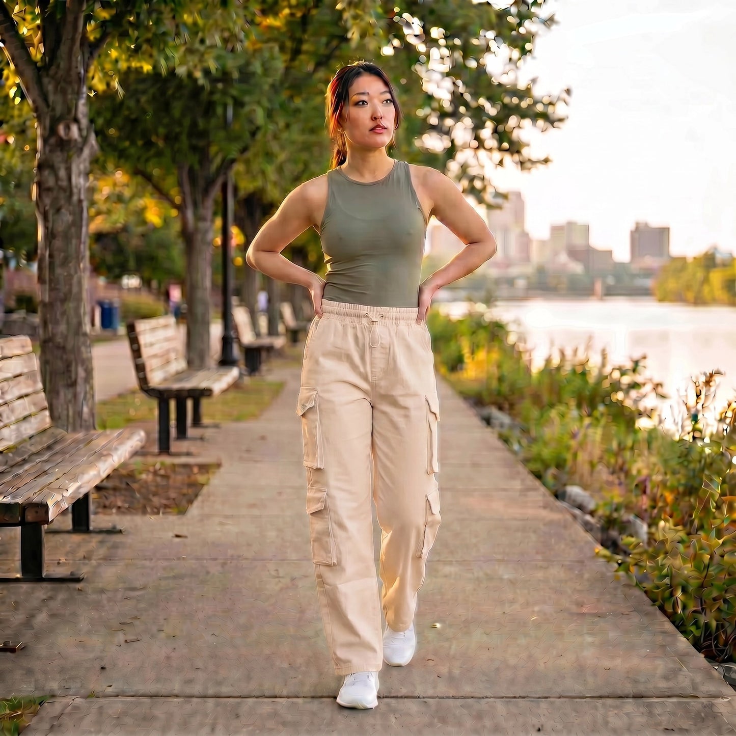 Paw Drazzel Boutique Women's High-Waisted, Straight-leg, Smooth Front Panel, Double Side Pockets, Cargo Pants