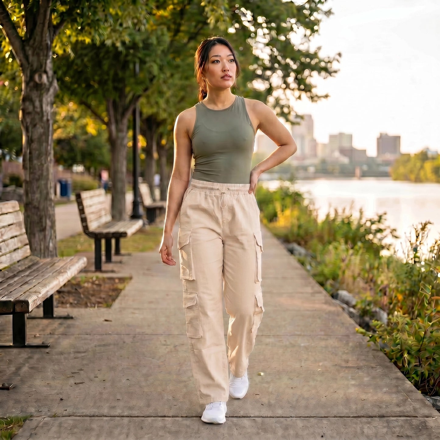 Paw Drazzel Boutique Women's High-Waisted, Straight-leg, Smooth Front Panel, Double Side Pockets, Cargo Pants