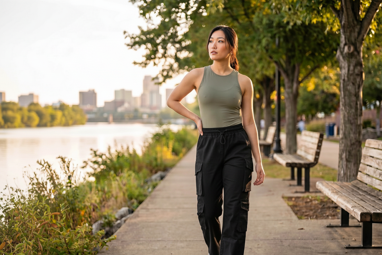 Paw Drazzel Boutique Women's High-Waisted, Straight-leg, Smooth Front Panel, Double Side Pockets, Cargo Pants