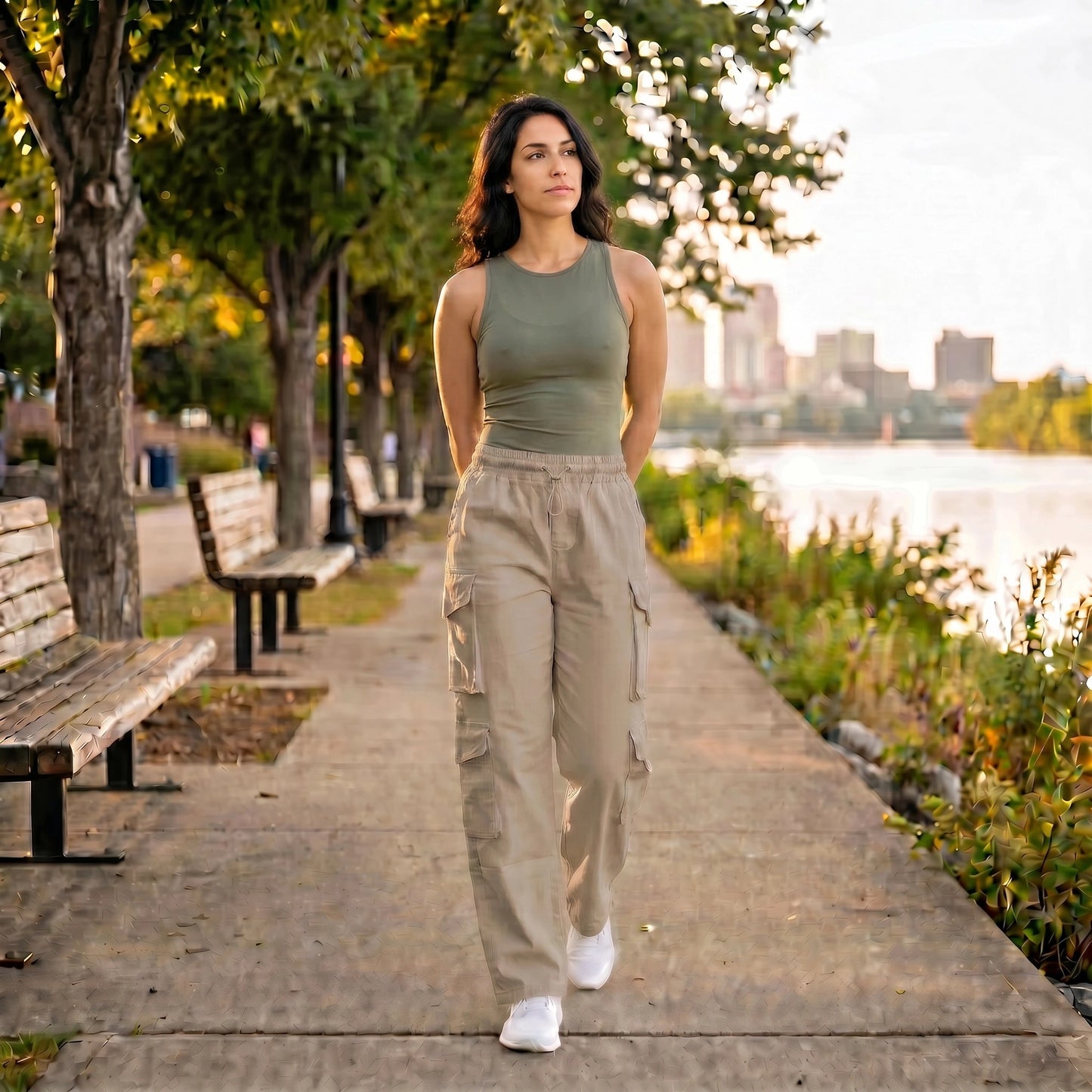 Paw Drazzel Boutique Women's High-Waisted, Straight-leg, Smooth Front Panel, Double Side Pockets, Cargo Pants