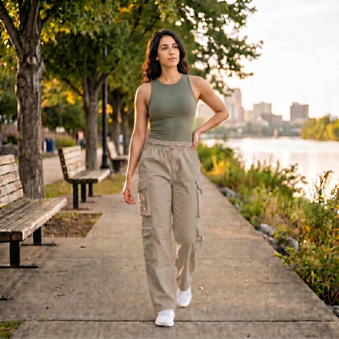 Paw Drazzel Boutique Women's High-Waisted, Straight-leg, Smooth Front Panel, Double Side Pockets, Cargo Pants