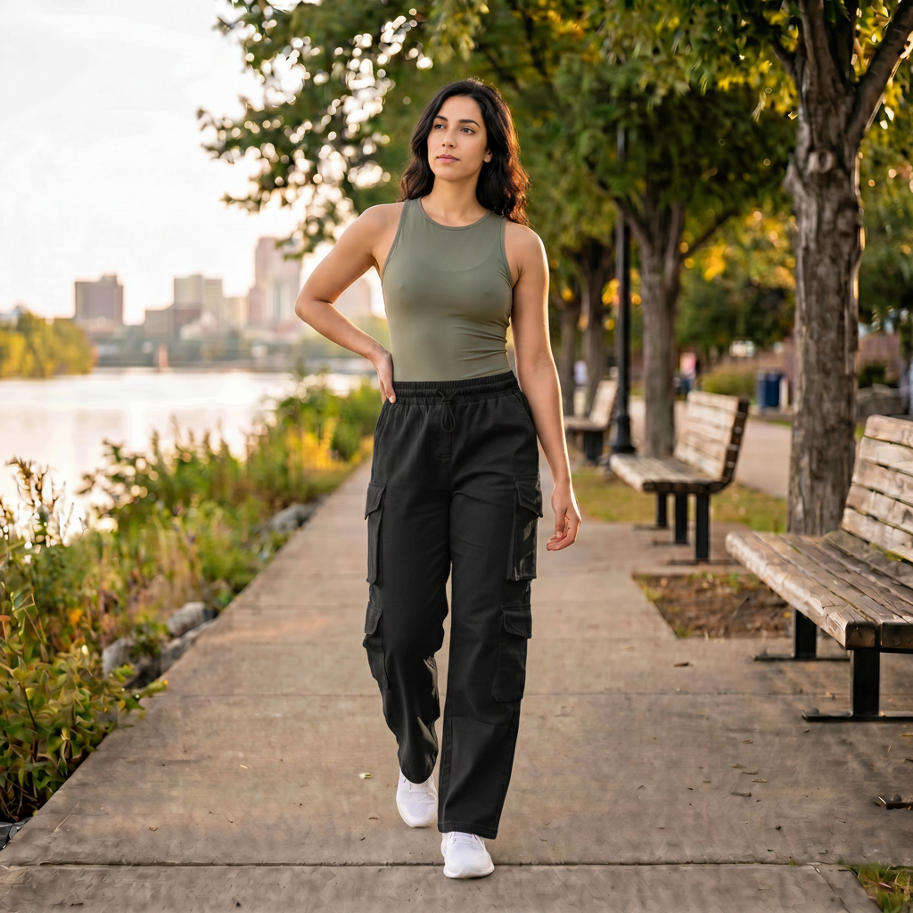 Paw Drazzel Boutique Women's High-Waisted, Straight-leg, Smooth Front Panel, Double Side Pockets, Cargo Pants