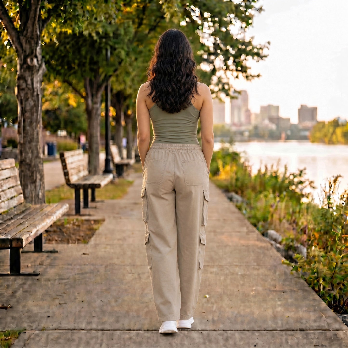 Paw Drazzel Boutique Women's High-Waisted, Straight-leg, Smooth Front Panel, Double Side Pockets, Cargo Pants