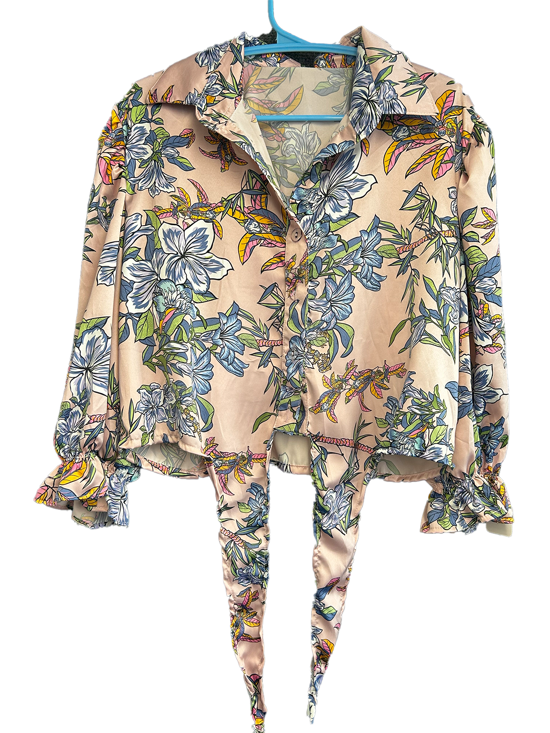 Paw Drazzel Boutique Women's Casualwear, Full Shoulder, Long Sleeve, V Neck, Front Tie Satin Blouse