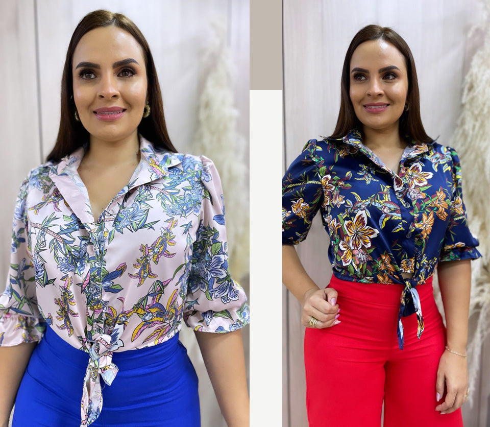 Paw Drazzel Boutique Women's Casualwear, Full Shoulder, Long Sleeve, V Neck, Front Tie Satin Blouse