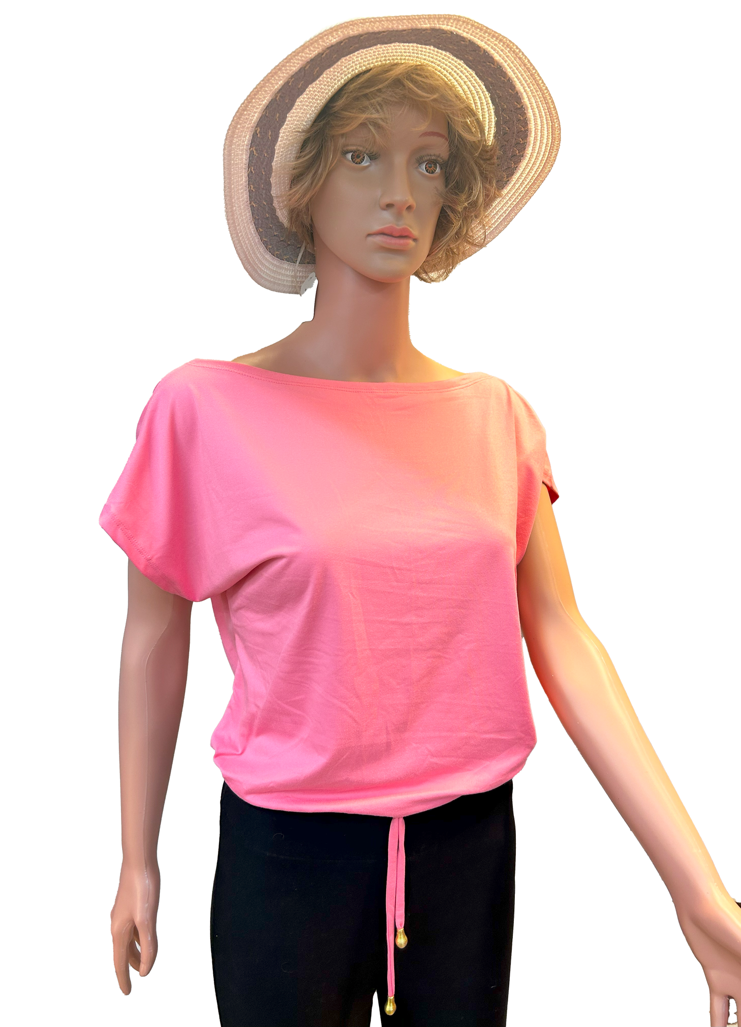 Paw Drazzel Boutique Women's Casualwear, Open Shoulder, Short Sleeve, Round Wide Neck Blouse