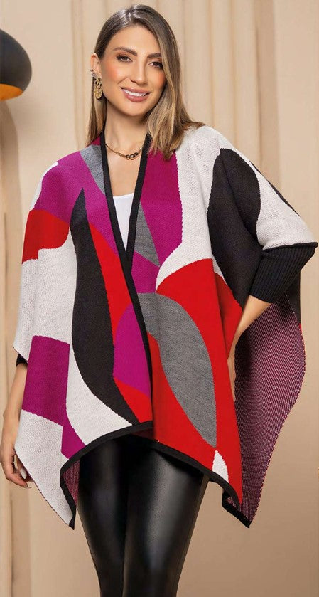 Paw Drazzel Boutique Women's Abstract Geometric Pattern, Oversized Open-Front Cape Wrap, Multicolor Knit Poncho-Ruana.