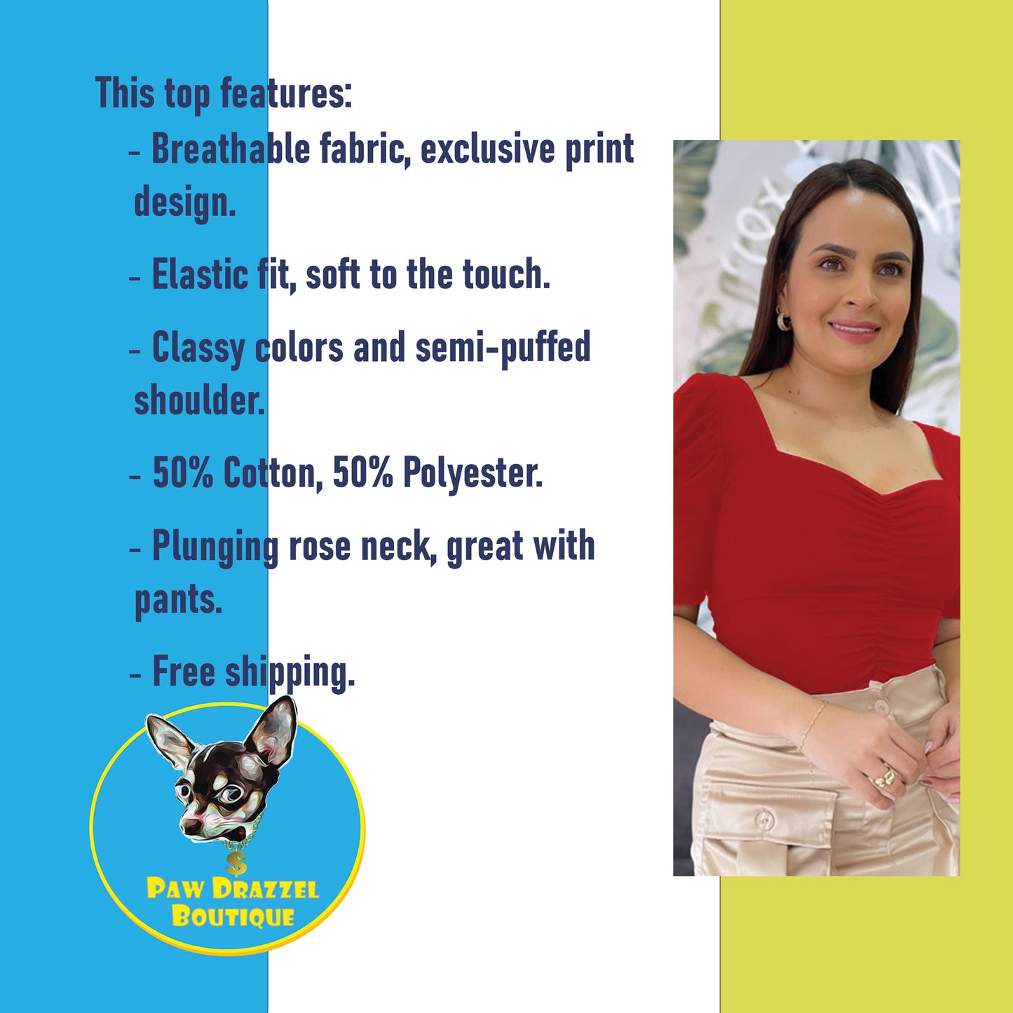 Paw Drazzel Boutique Women's Casualwear, Full Shoulder, Mid-Length Sleeve Tori Blouse