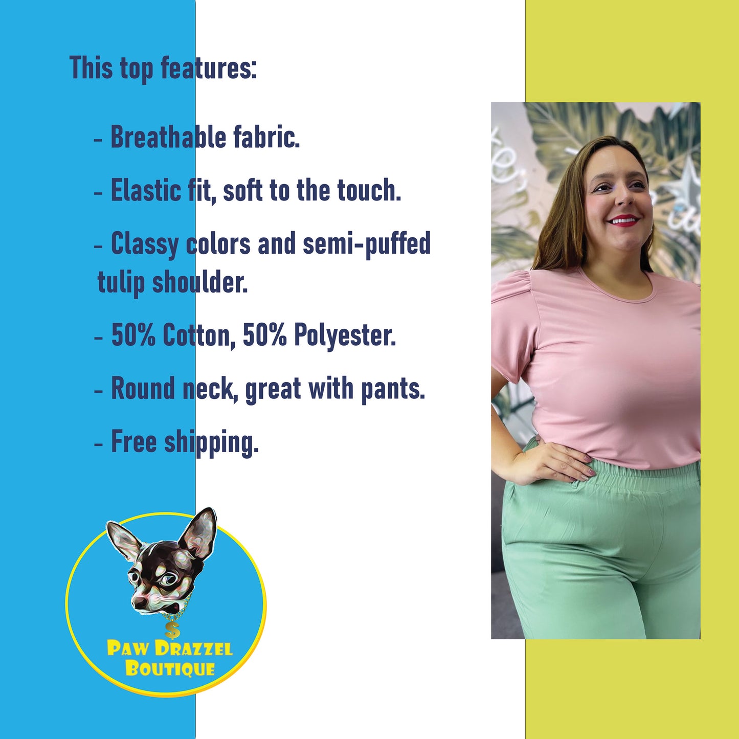 Paw Drazzel Boutique Women's Casualwear, Layered Shoulder, 1/4 Sleeve, Round Neck Tulip Top