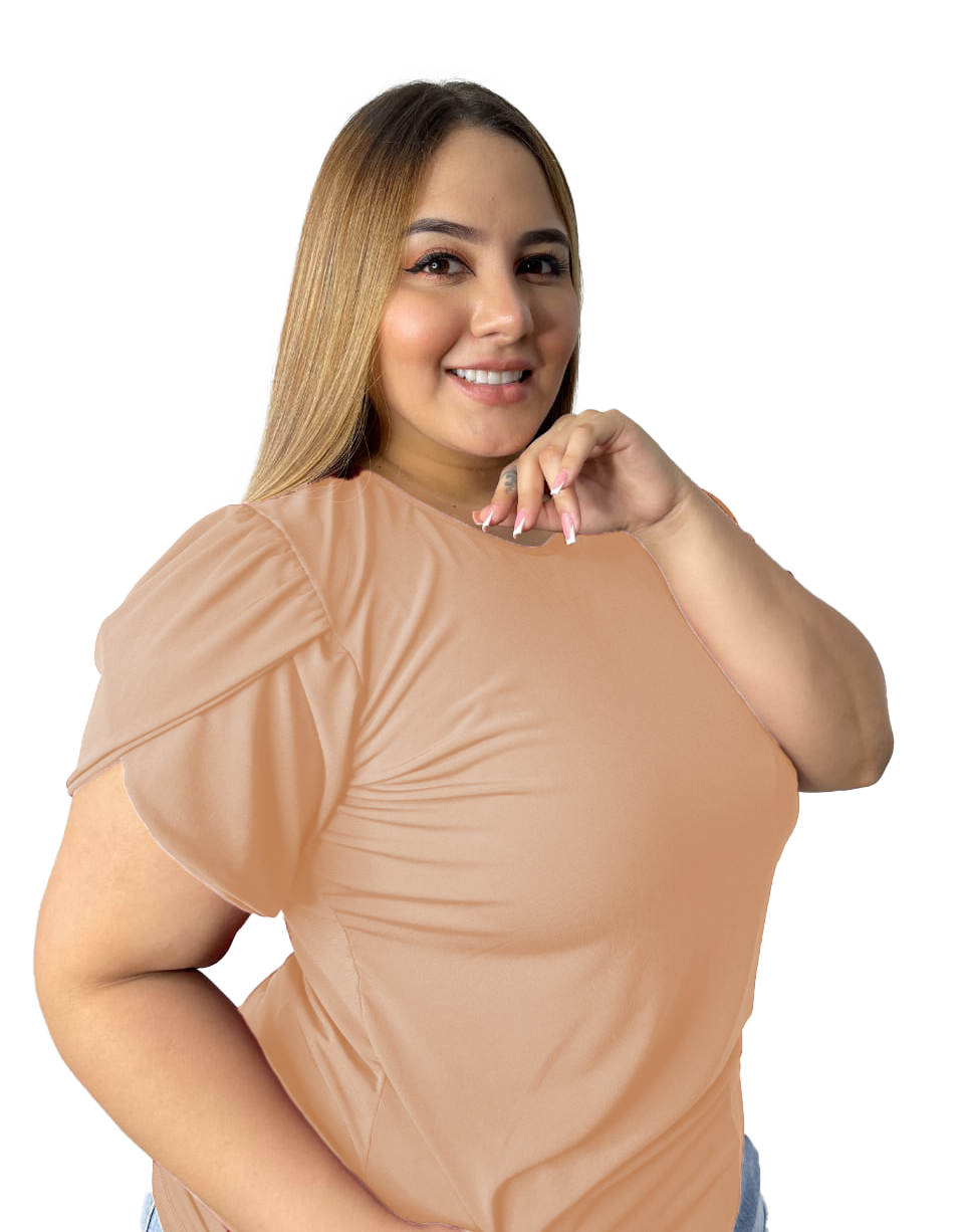 Paw Drazzel Boutique Women's Casualwear, Layered Shoulder, 1/4 Sleeve, Round Neck Tulip Top