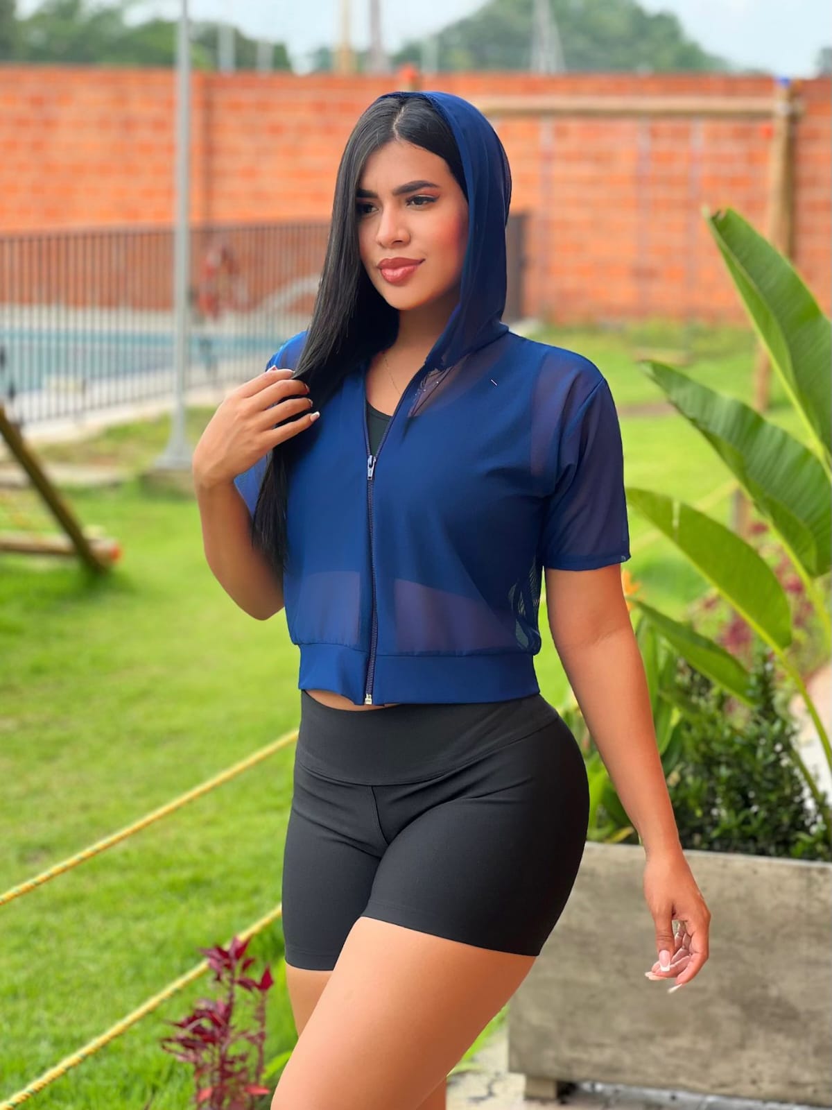 Paw Drazzel Boutique Women's Athletic Wear, Quarter Sleeve, Waist High, Full Length Zipper, Sheer Hooded Workout Jacket