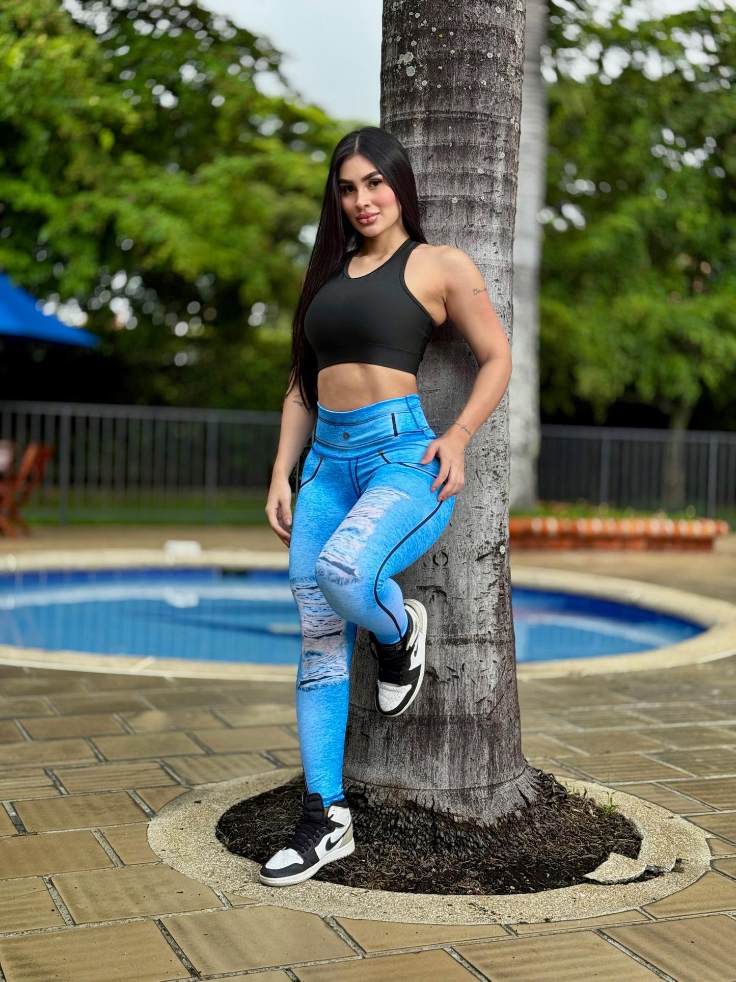 Paw Drazzel Boutique Women's Athletic Wear Long-Leg, High Waist, Scrunch Booty, Straight Leg, Printed Pattern, Faux-Denim, Workout Pants