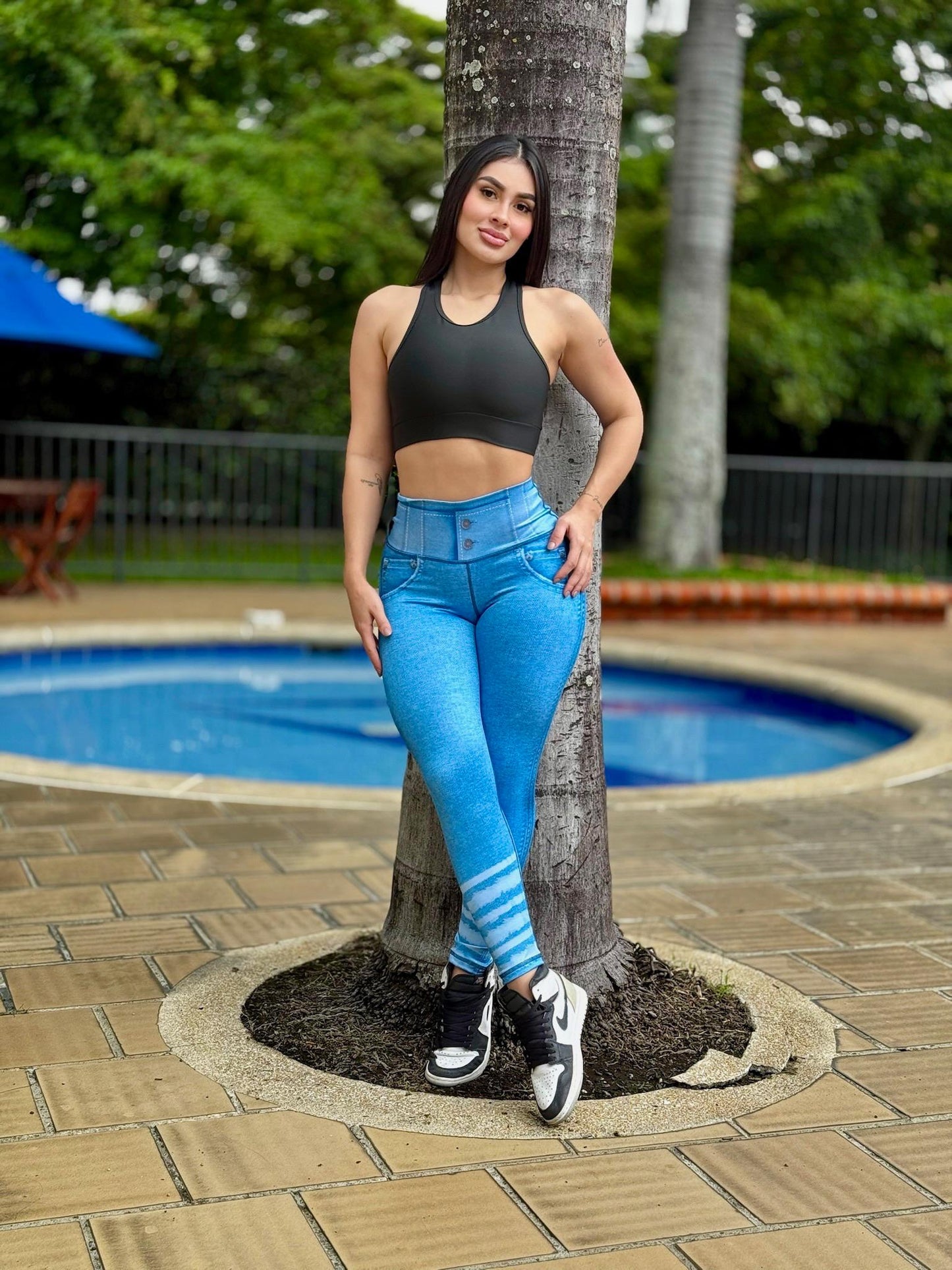 Paw Drazzel Boutique Women's Athletic Wear Long-Leg, High Waist, Scrunch Booty, Straight Leg, Printed Pattern, Faux-Denim, Workout Pants