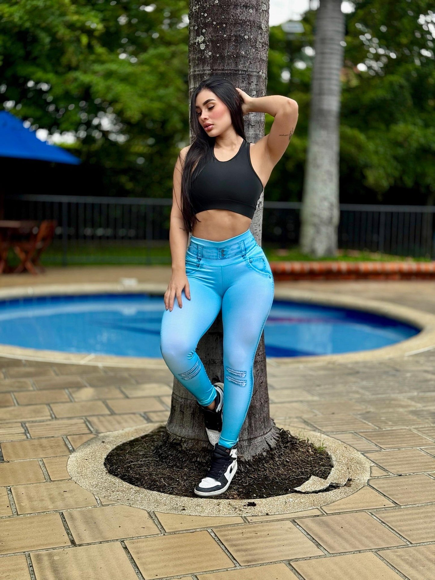 Paw Drazzel Boutique Women's Athletic Wear Long-Leg, High Waist, Scrunch Booty, Straight Leg, Printed Pattern, Faux-Denim, Workout Pants