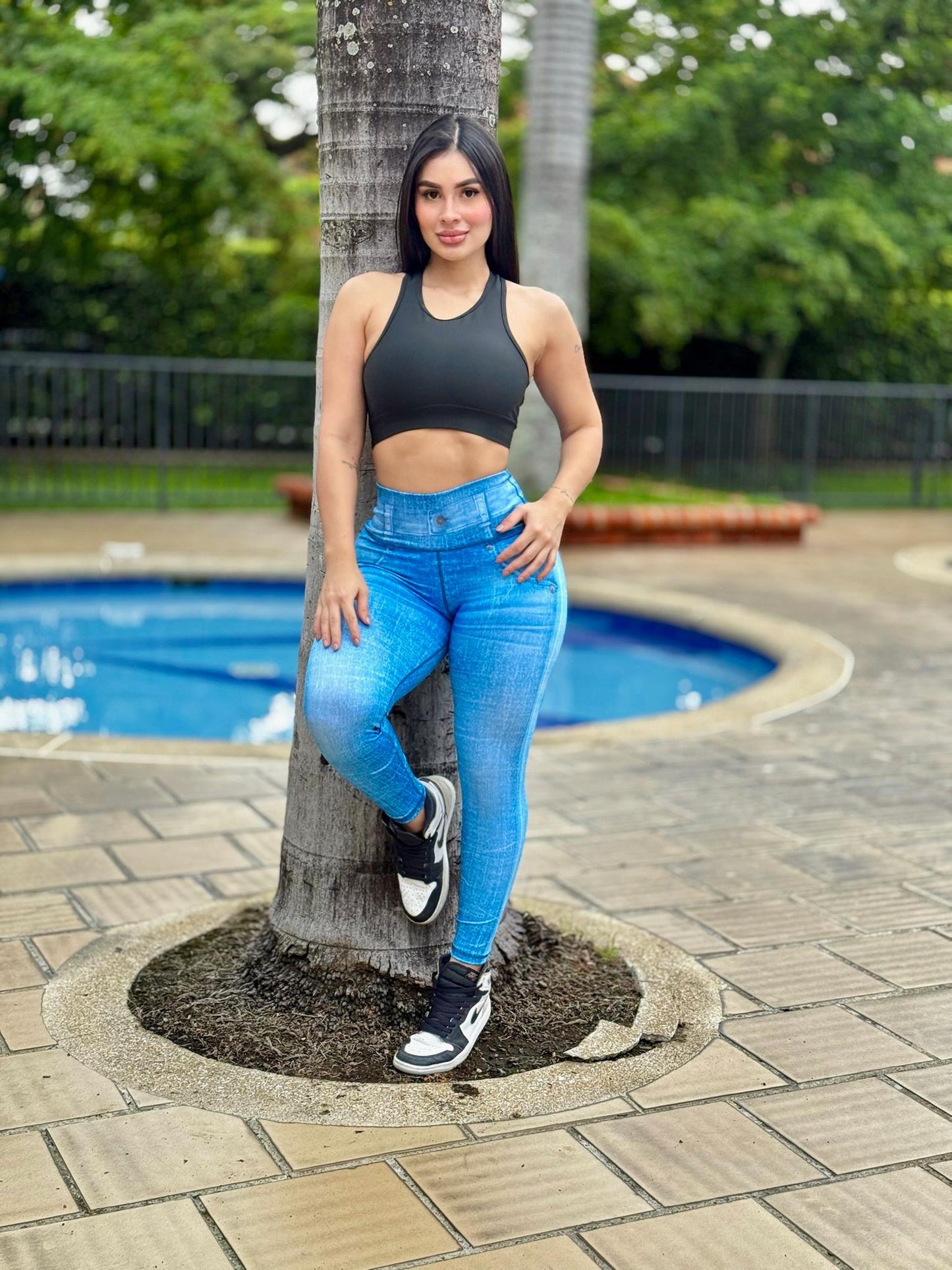 Paw Drazzel Boutique Women's Athletic Wear Long-Leg, High Waist, Scrunch Booty, Straight Leg, Printed Pattern, Faux-Denim, Workout Pants