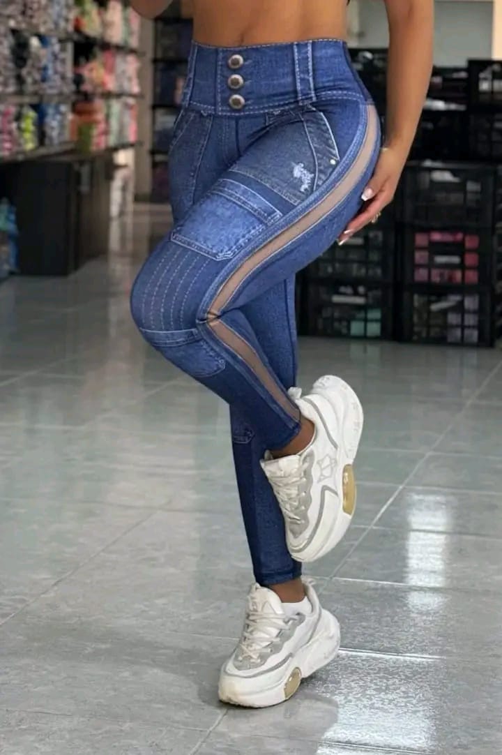 Paw Drazzel Boutique Women's Athletic Wear Long-Leg, High Waist, Scrunch Booty, Straight Leg, Printed Pattern, Faux-Denim, Workout Pants