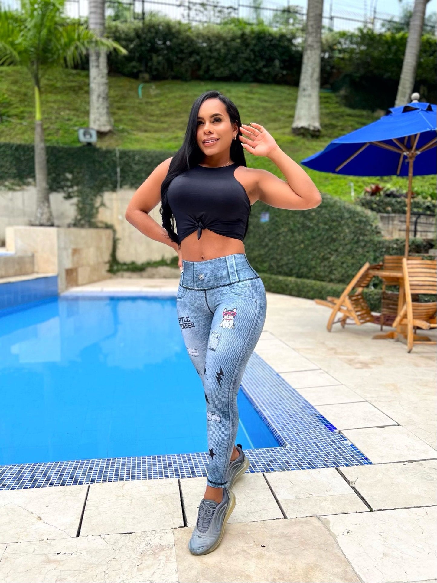 Paw Drazzel Boutique Women's Athletic Wear Long-Leg, High Waist, Scrunch Booty, Straight Leg, Printed Pattern, Faux-Denim, Workout Pants