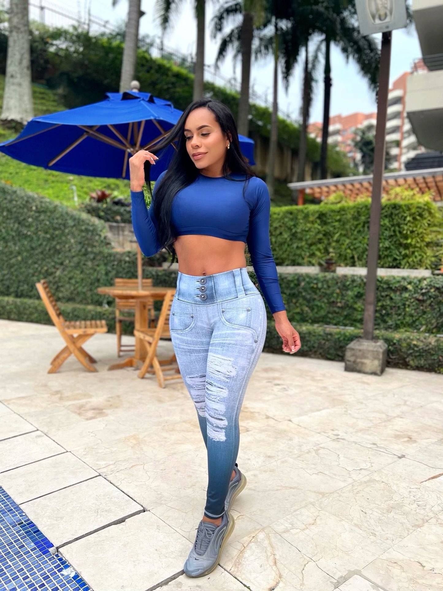 Paw Drazzel Boutique Women's Athletic Wear Long-Leg, High Waist, Scrunch Booty, Straight Leg, Printed Pattern, Faux-Denim, Workout Pants