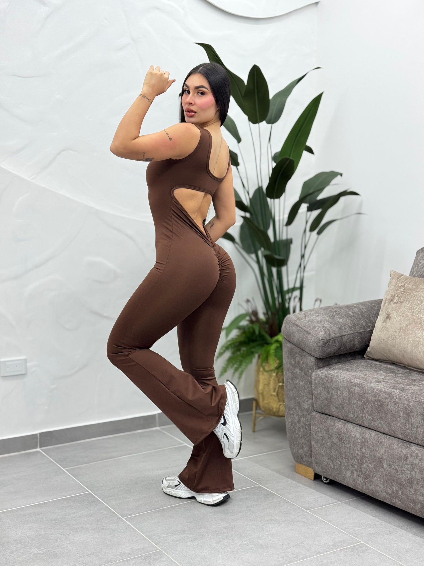 Paw Drazzel Boutique Women's Athletic Wear, Full-Leg, Bellbottoms, Back Cutout, Sleeveless, Scrunch Booty, Workout Bodysuit