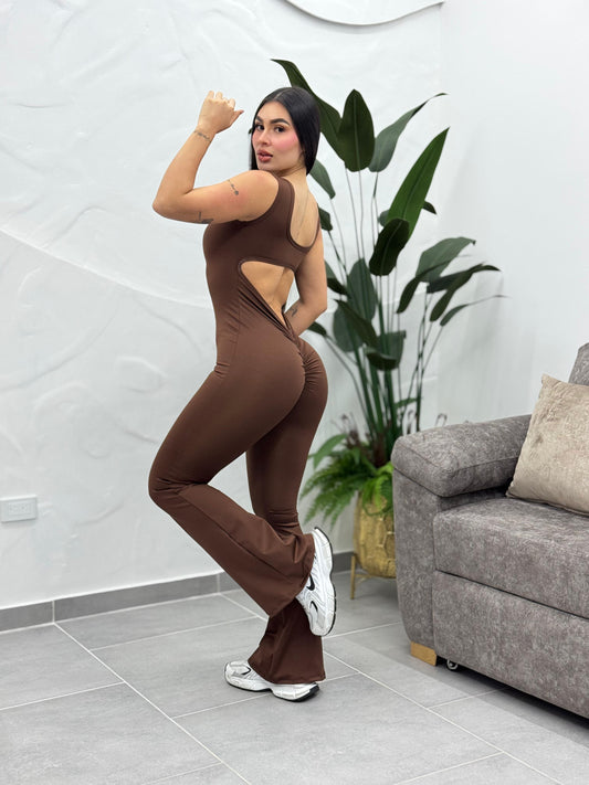 Paw Drazzel Boutique Women's Athletic Wear, Full-Leg, Bellbottoms, Back Cutout, Sleeveless, Scrunch Booty, Workout Bodysuit