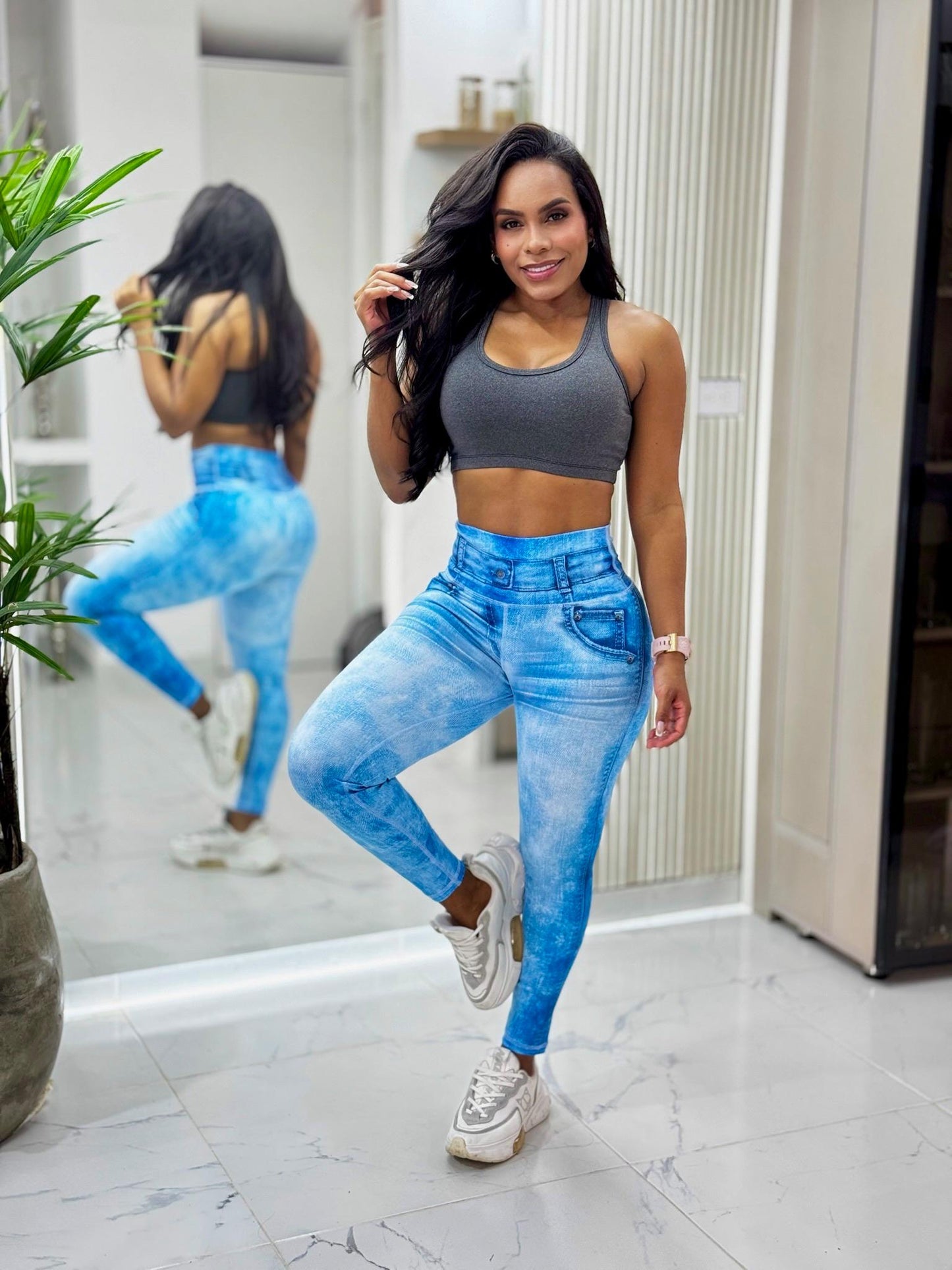 Paw Drazzel Boutique Women's Athletic Wear Long-Leg, High Waist, Scrunch Booty, Straight Leg, Printed Pattern, Faux-Denim, Workout Pants