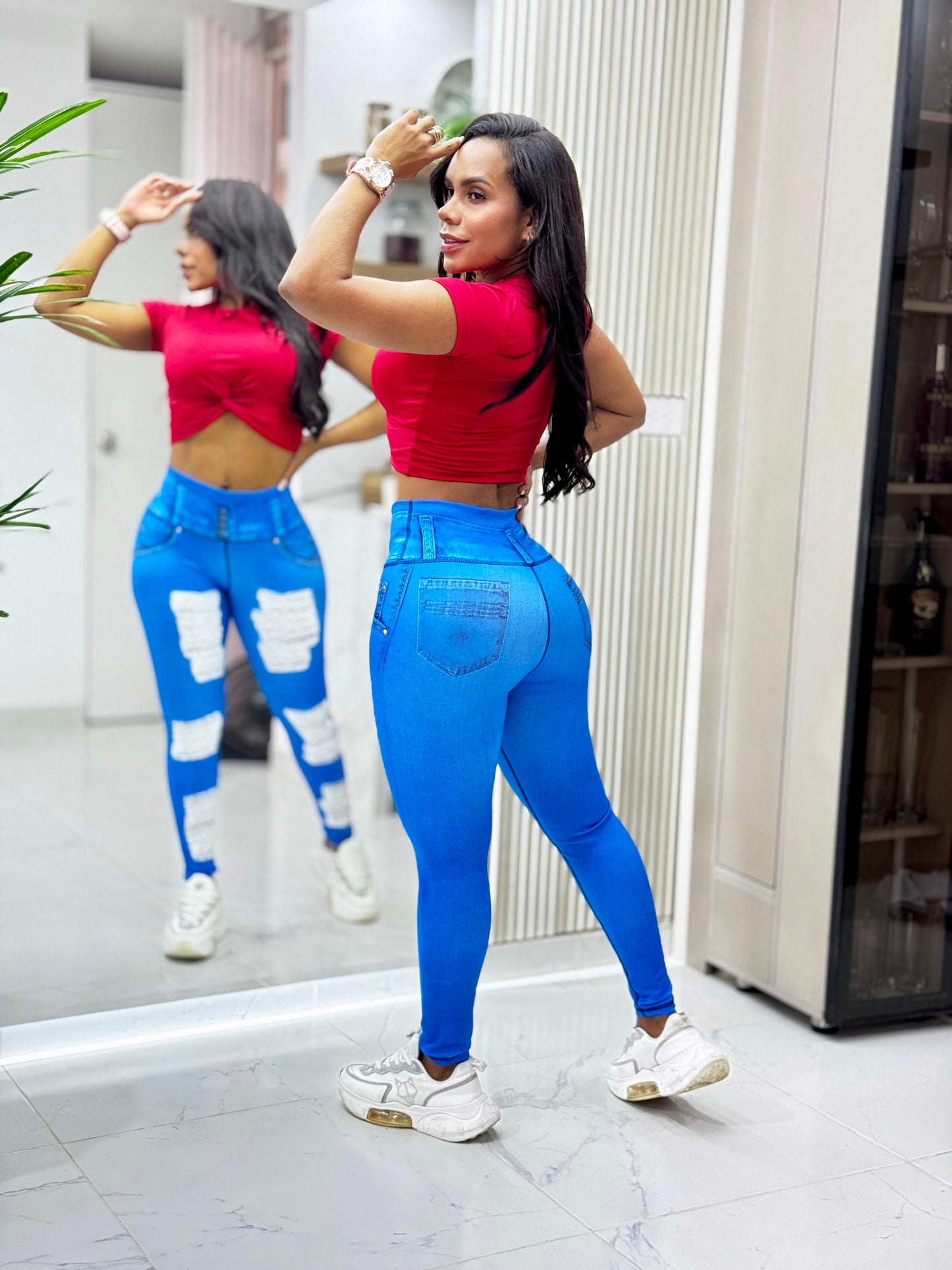Paw Drazzel Boutique Women's Athletic Wear Long-Leg, High Waist, Scrunch Booty, Straight Leg, Printed Pattern, Faux-Denim, Workout Pants