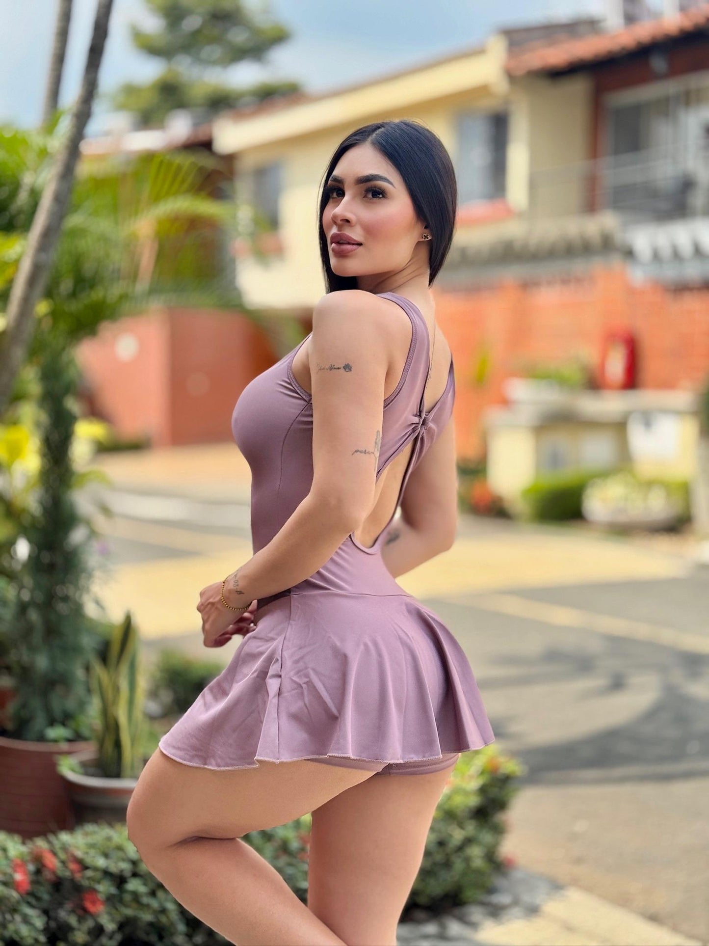 Paw Drazzel Boutique Women's Athletic Wear, Flared Short Skirt, Short Pants, Open Back, Sleeveless, Workout Mariposa Dress