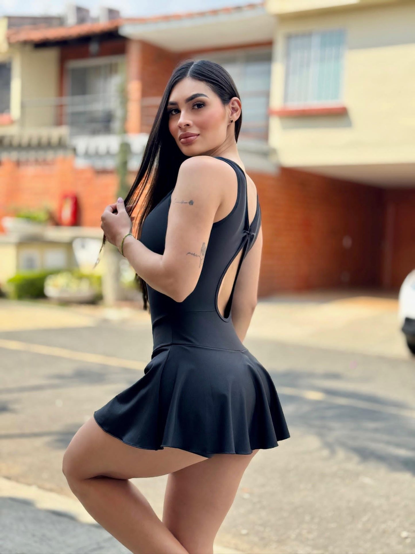 Paw Drazzel Boutique Women's Athletic Wear, Flared Short Skirt, Short Pants, Open Back, Sleeveless, Workout Mariposa Dress