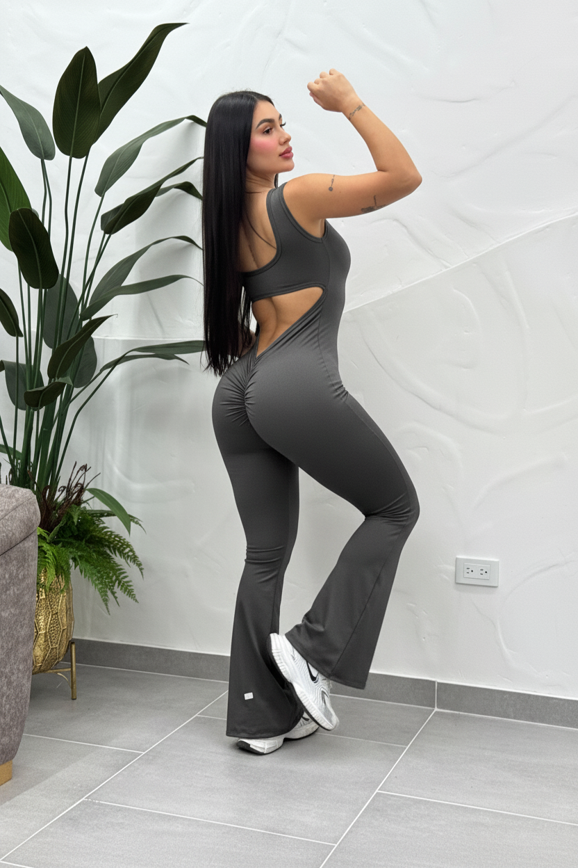 Paw Drazzel Boutique Women's Athletic Wear, Full-Leg, Bellbottoms, Back Cutout, Sleeveless, Scrunch Booty, Workout Bodysuit