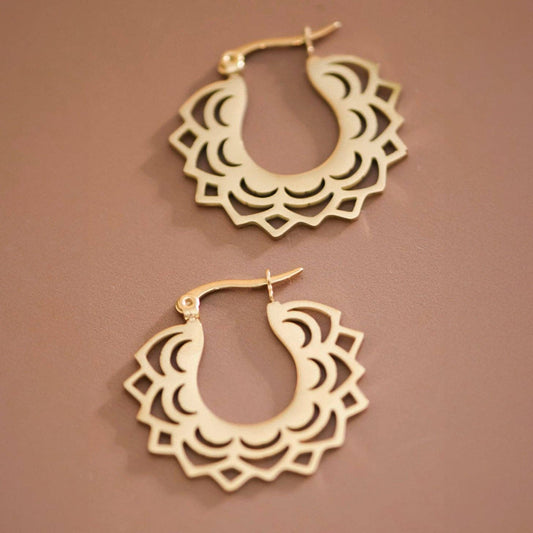 Paw Drazzel Boutique Women's Jewelry, 18K Gold Plated, Waterproof Stainless Steel, Hypoallergenic, Mandala Cutout Hoop Earrings