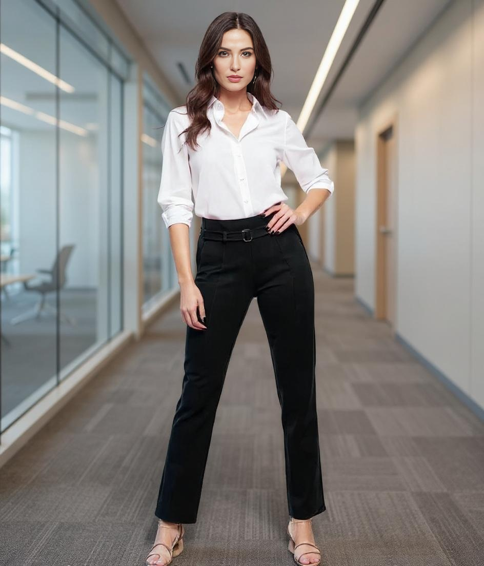 Paw Drazzel Boutique Women's High-Waisted, Belted, Straight-Leg, Tailored Pants