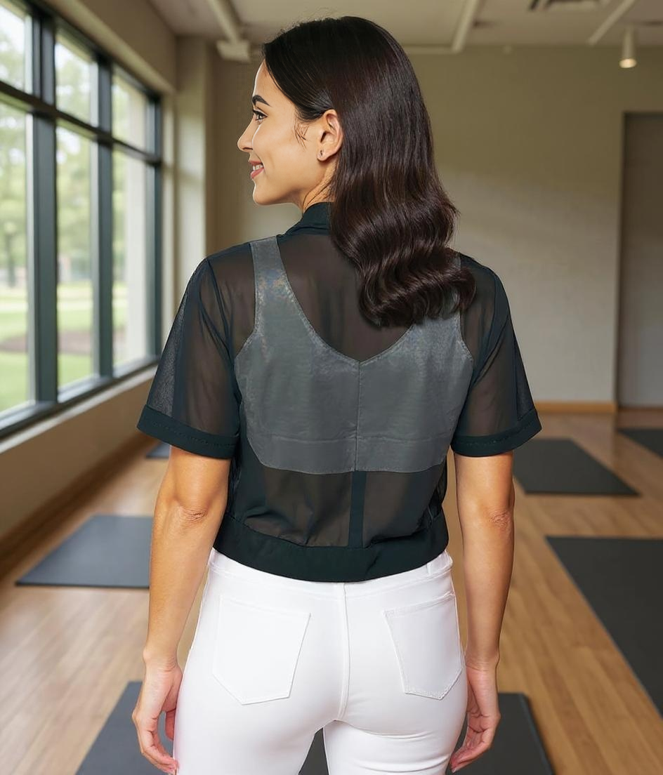 Paw Drazzel Boutique Women's Athletic Wear, Quarter Sleeve, Waist High, Full Length Zipper, Sheer Hooded Workout Jacket