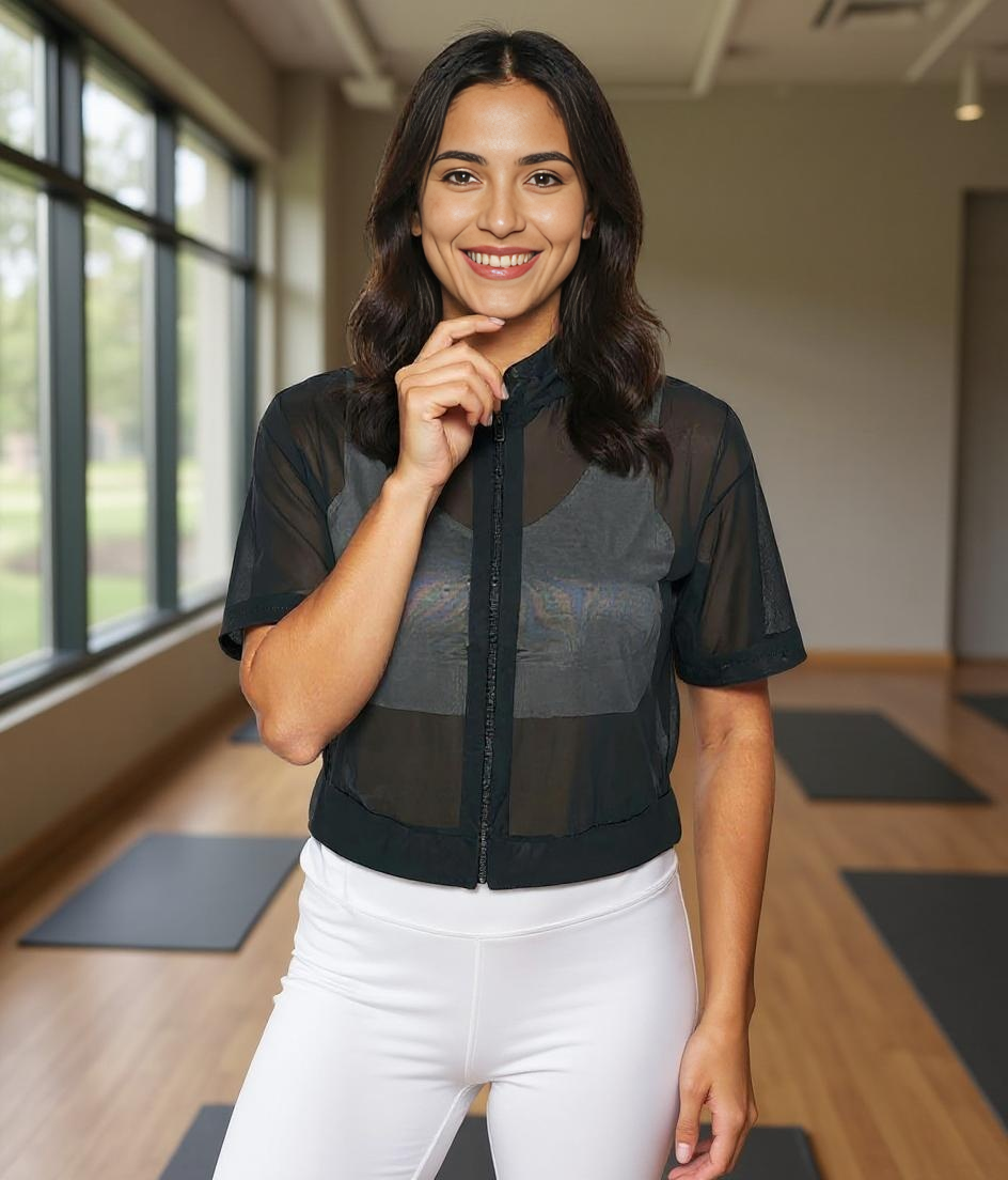 Paw Drazzel Boutique Women's Athletic Wear, Quarter Sleeve, Waist High, Full Length Zipper, Sheer Hooded Workout Jacket