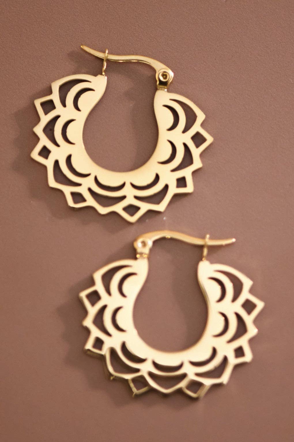 Paw Drazzel Boutique Women's Jewelry, 18K Gold Plated, Waterproof Stainless Steel, Hypoallergenic, Mandala Cutout Hoop Earrings