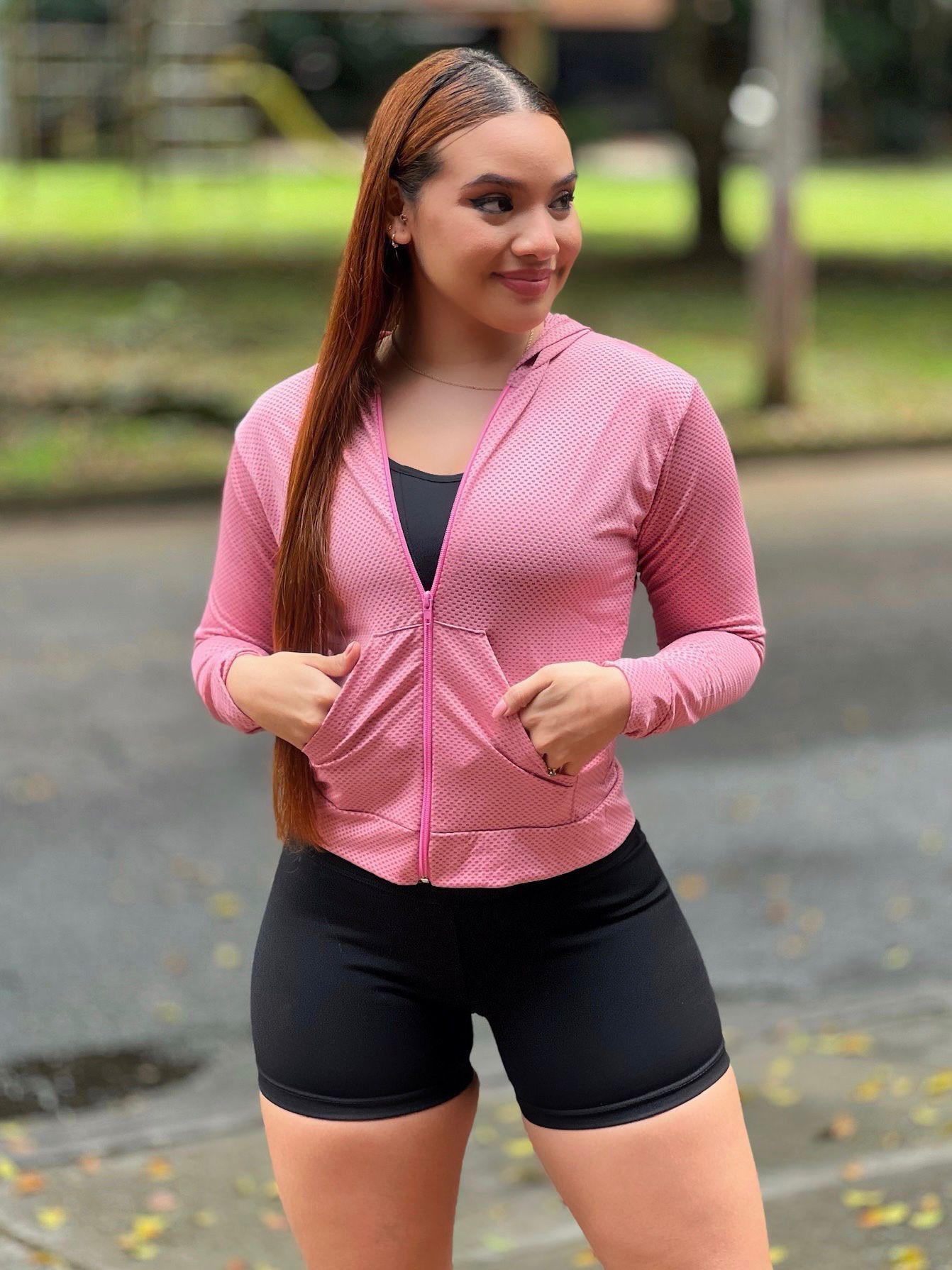 Paw Drazzel Boutique Women's Athletic Wear, Long Sleeve, Waist High, Full Length Zipper, Sheer Hooded Workout Jacket