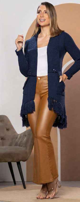 Paw Drazzel Boutique Women's Open-Front Fringe Knit Cardigan, Long Sleeve Sweater Jacket, Boho Ribbed Duster Coat, Casual Outerwear