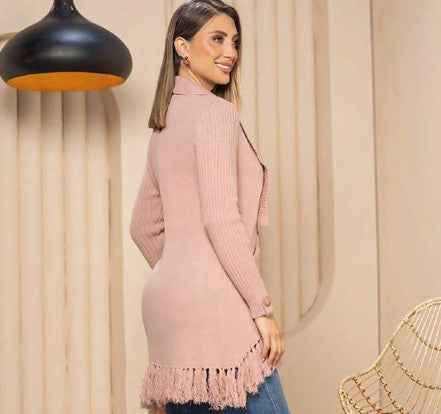 Paw Drazzel Boutique Women's Open-Front Fringe Knit Cardigan, Long Sleeve Sweater Jacket, Boho Ribbed Duster Coat, Casual Outerwear