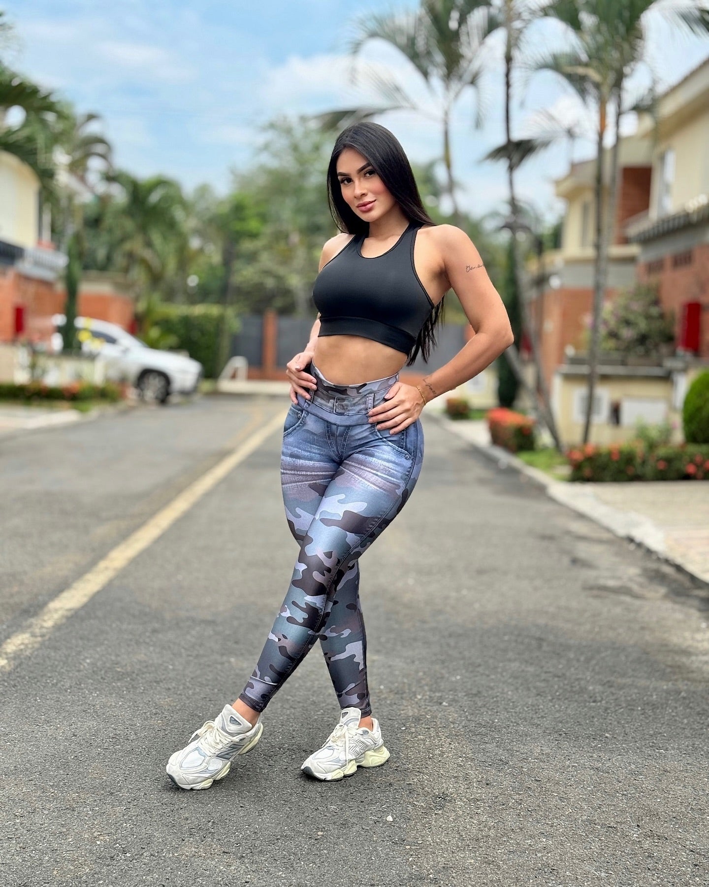 Paw Drazzel Boutique Women's Athletic Wear Long-Leg, High Waist, Scrunch Booty, Straight Leg, Printed Pattern, Faux-Denim, Workout Pants